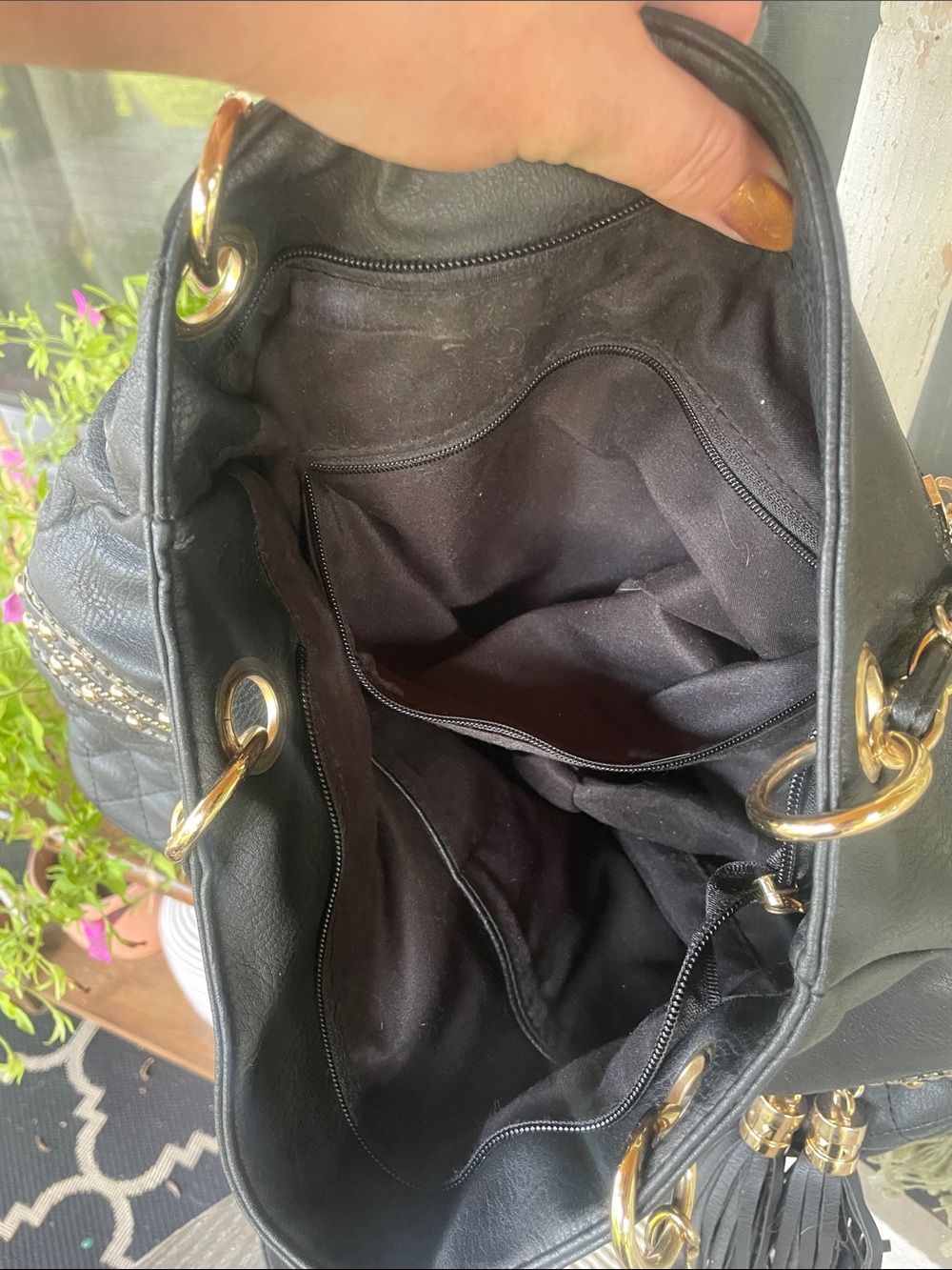 Black Quilted Shoulder Bag with Tassel and Chain Strap - Picture 8 of 9